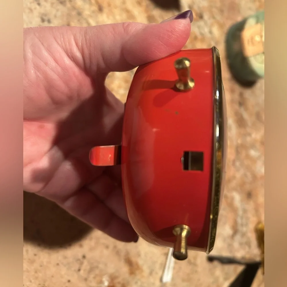 Vintage ‘60’s Mickey Mouse & Pluto Bell Alarm Clock Red with Gold trim. Works!